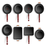 top-view-different-forms-realistic-frying-non-stick-coating-pan-with-various-types-handles-isolated-vector-illustration